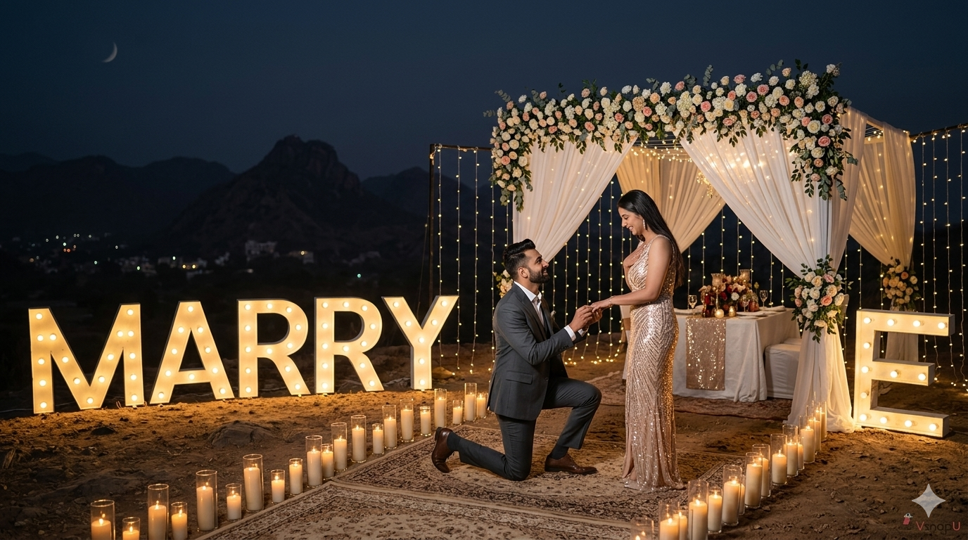Heritage Rides Marry Me proposal setup Udaipur luxury romantic decor
