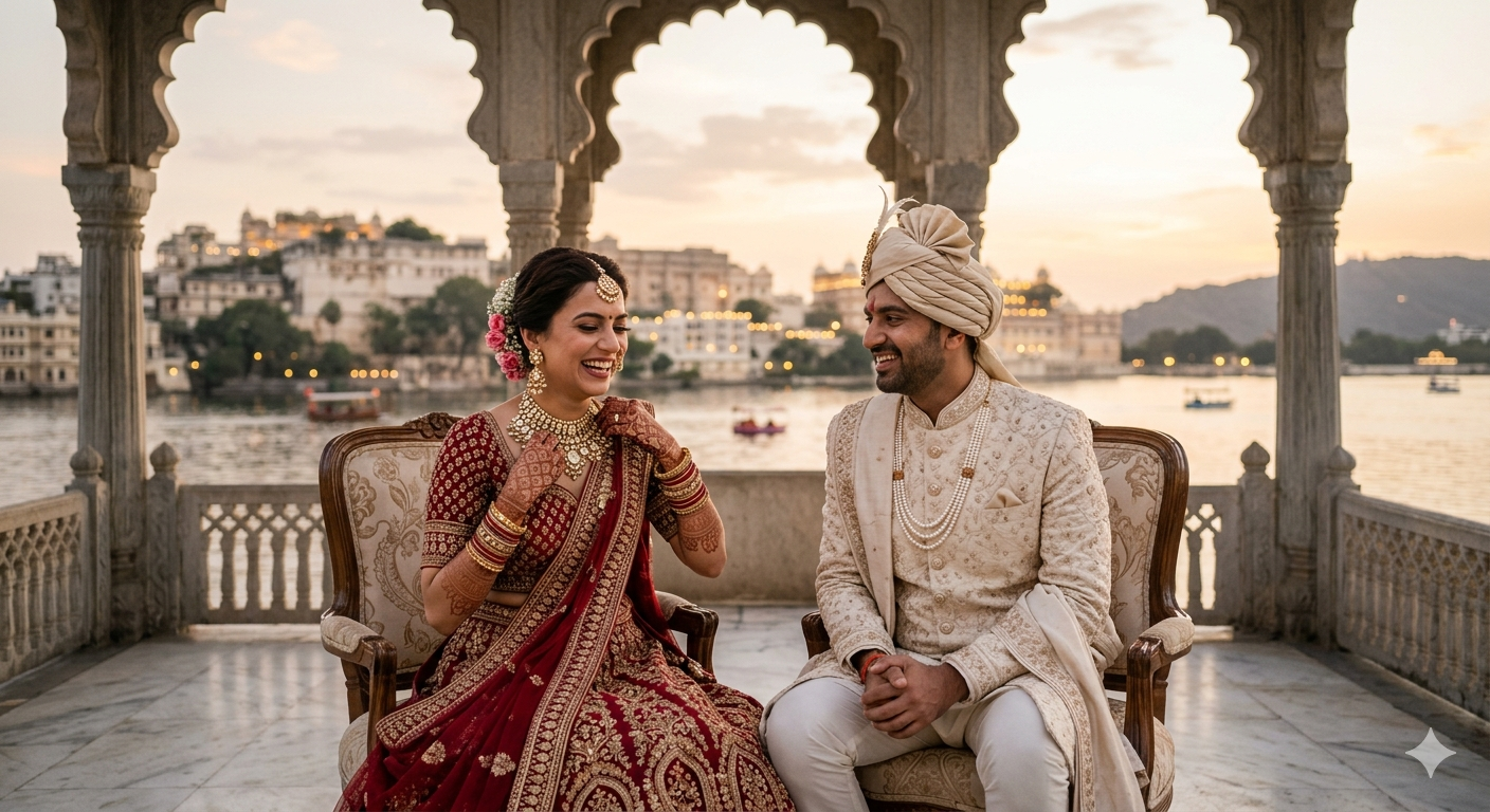 Bride and groom portrait – Heritage Rides wedding photography Udaipur