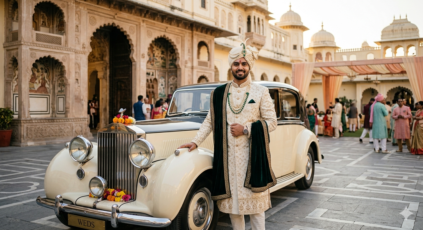 Groom with vintage car – Heritage Rides portrait photography Udaipur