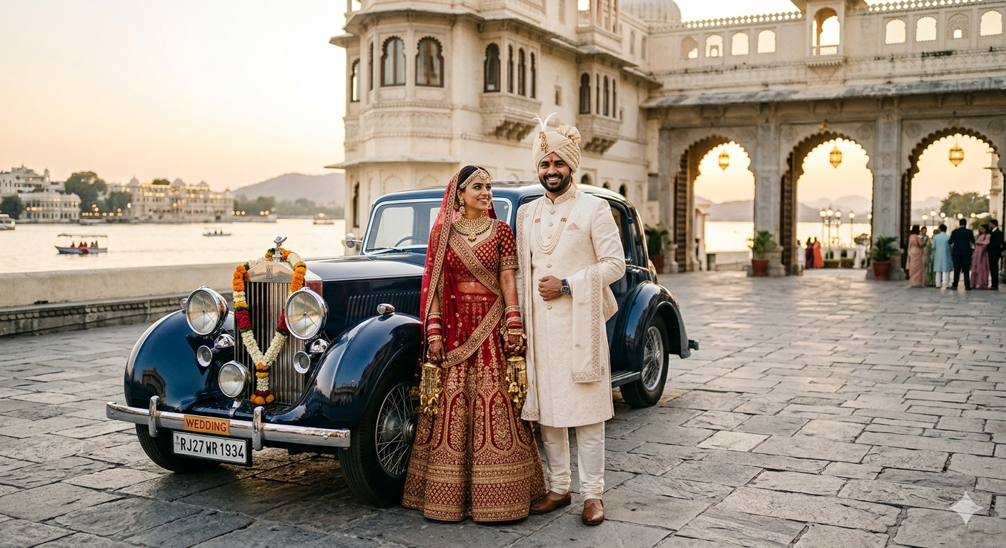 Bride and groom with vintage car – Heritage Rides pre-wedding photography Udaipur